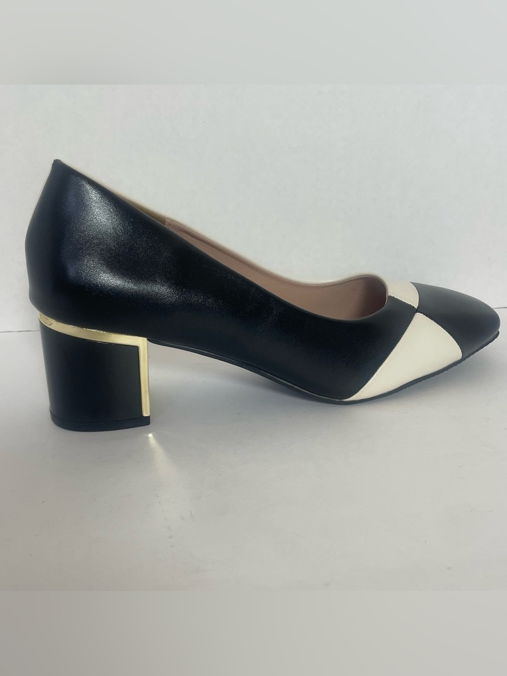 Black and White Low Block Heel Pumps - Women's Elegant Court Shoe
